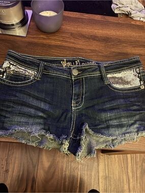 Wallflower Dark Wash Sequin Pocket Jean Shorts
